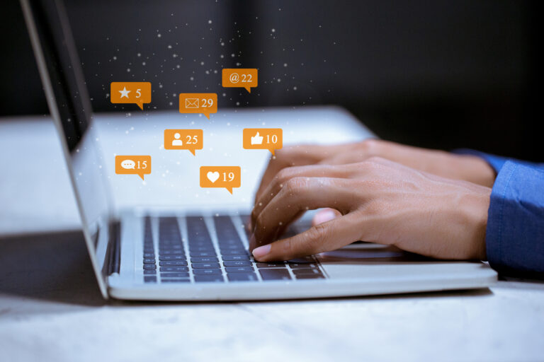 Business using laptop,social media social networking technology innovation concept.