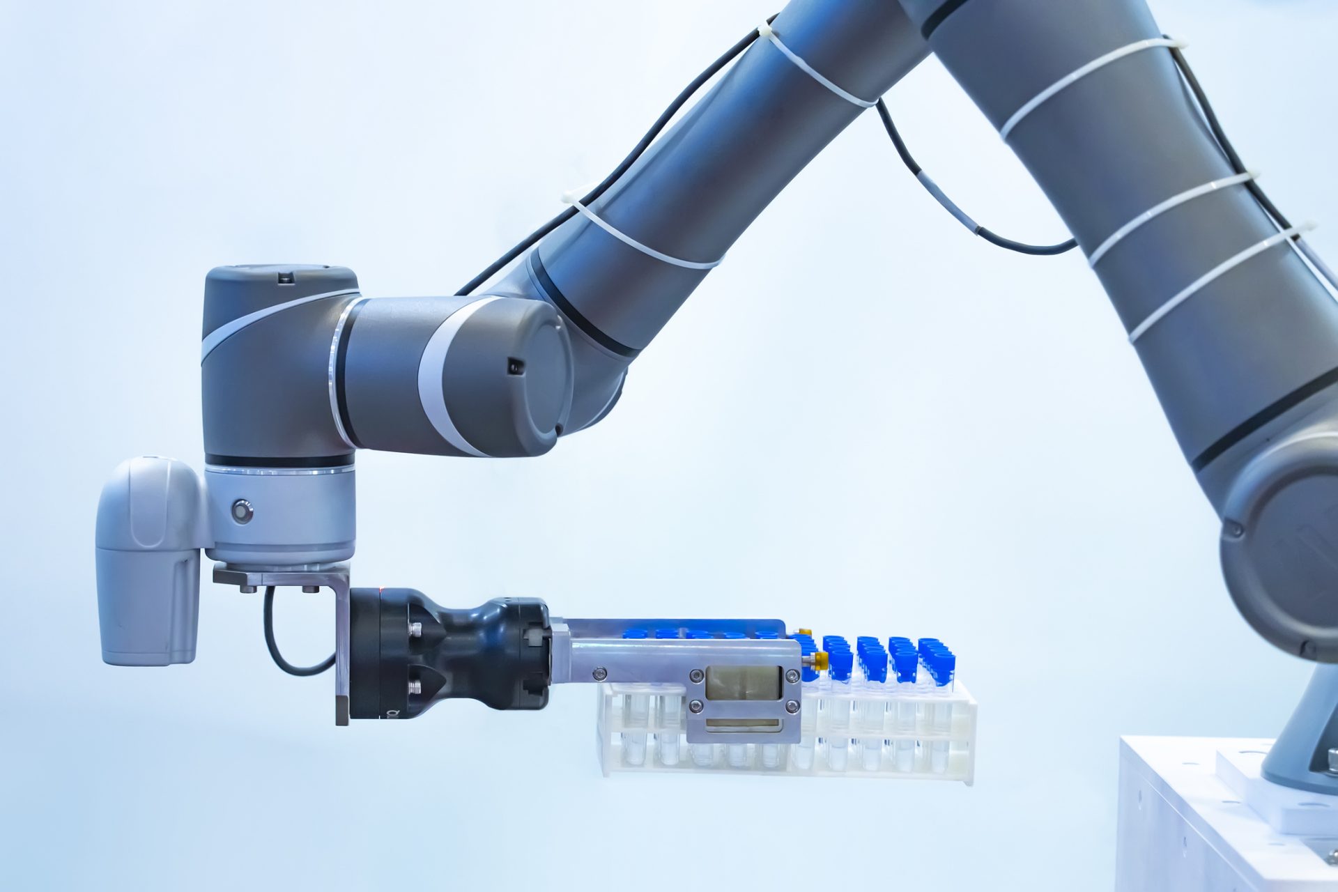 Robot arm with test tube for biological experiments in laboratory
