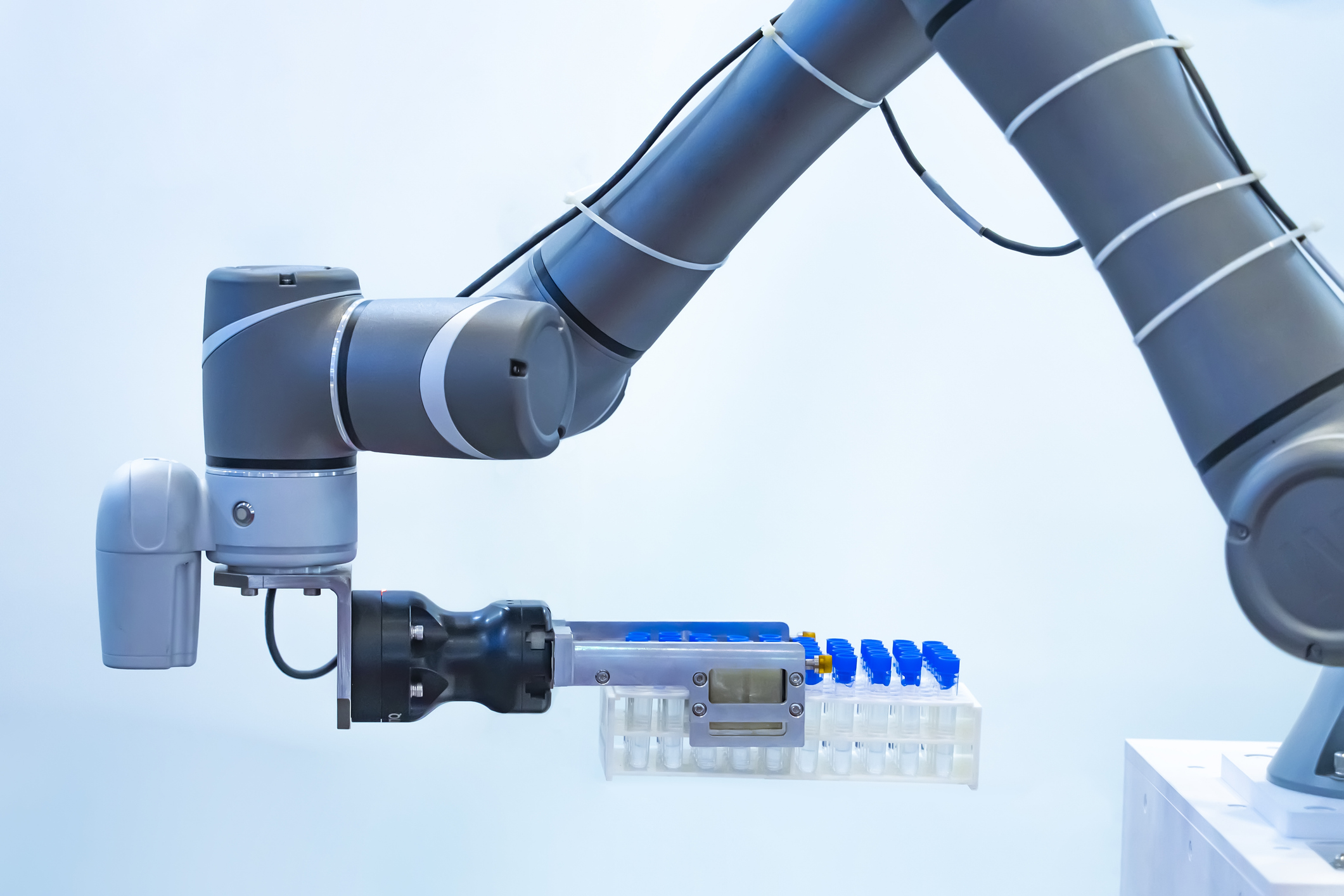 Robot arm with test tube for biological experiments in laboratory
